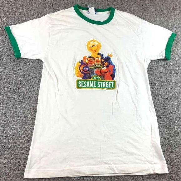 VTG Sesame Street Medium White Green Ringer Graphic T Shirt USA Made - Picture 1 of 10